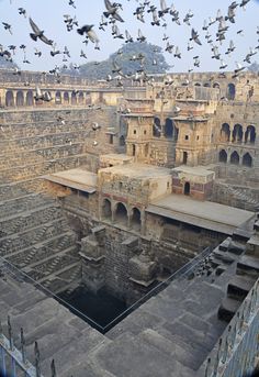 many birds flying over an old building with water in the middle and lots of windows