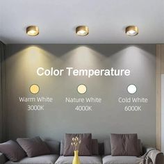 a living room with couches and lamps on the wall next to it is labeled color temperature