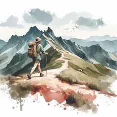 a watercolor painting of a hiker hiking up a mountain trail in the mountains