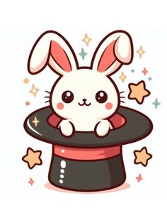 a cartoon rabbit sitting on top of a magician's hat with stars around it