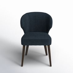 a dark blue upholstered chair with wooden legs and an oval back, viewed from the side