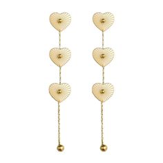 Add a sleek and modern touch to your everyday wardrobe with these on-trend gold plated stainless steel earrings. Featuring three delicate heart charms that swing and sparkle with every movement, these weightless earrings are the perfect easy, seasonless update to pair with both neutrals and prints. Best of all, the 3.5” duster style is basically weightless! ALL ACCESSORIES ARE FINAL SALE! Feel free to email us at info@emersoncharles.com or DM us with any questions regarding fit, styling, or our return policy in general. Elegant Stainless Steel Heart Earrings, Gold Heart Earrings Modern Style, Modern Gold Heart Earrings For Pierced Ears, Heart-shaped Tarnish Resistant Stainless Steel Earrings, Heart-shaped Stainless Steel Tarnish Resistant Earrings, Heart-shaped Stainless Steel Tarnish-resistant Earrings, Trendy Gold Metal Heart Earrings, Chic Gold Metal Heart Earrings, Minimalist Metal Heart Dangle Earrings