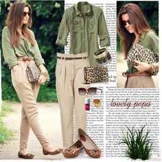 Green And Khaki Outfit, Olive Green Shirt Outfit, Chinos Women Outfit, Safari Outfit Women, Green Shirt Outfits, Beige Pants Outfit, Green Outfits For Women, Khaki Pants Outfit