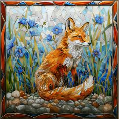 a painting of a fox sitting in the grass with blue flowers behind it and some rocks