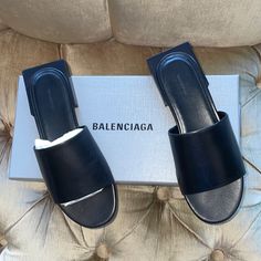 New Balenciaga Box Mule Sandals, Flat, Slip On Style, Napa Leather Lining, Leather Sole, Square Shaped Heel With Embossed Logo On Heel, Fits European Size 36.5 Fits Us Size 7 - 7.5, Made In Italy, Includes Box & Dust Bags Designer Sandals With Square Toe And Branded Heel, Designer Black Square Toe Sandals, Designer Black Sandals With Square Toe, Yellow Balenciaga, Slippers Design, Female Slippers, Balenciaga Sandals, Pink Balenciaga, White Balenciaga