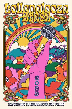 a poster for an event with a hand holding a microphone in front of a colorful background