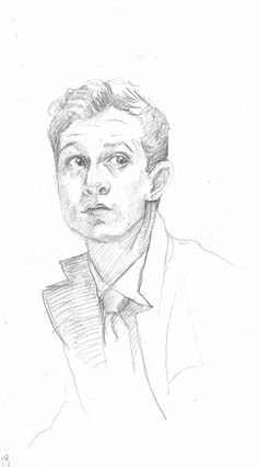 a pencil drawing of a man wearing a shirt and tie with his head tilted to the side