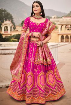 Heavy pure silk jacquard and weaving silk lehenga choli. Elegant and classic lehenga choli. LEHENGA FABRIC: Weaving Silk With Khatli Work BLOUSE FABRIC: Banglori Silk With Work DUPATTA: Pure Silk Jacquard With Four Side Embroidered Work COLOR: Pink SIZE: upto 42 inches Bust and Waist WORK: Gota Patti & Thread With Sequins Embroidered Work Bonus offer - Receive a free mystery gift with your order. Stitching Option - We will email you the measurement guide to confirm your size. SHIPPING: The produ Thread Weaving, Fancy Lehenga, Indian Wedding Lehenga, Designer Bridal Lehenga Choli, Lehenga Dupatta, Designer Bridal Lehenga, Lehenga Online, Wedding Pink, Lehenga Choli Online