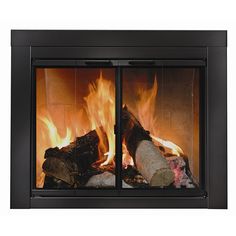 an open fire place with logs and flames in the fireplaces side by side on white background