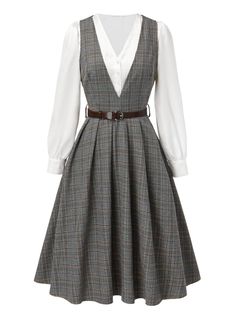 2PCS Grey 1940s V-Neck Plaid Dress & Satin Blouse | Retro Stage 1940s Womens Dresses, Preppy Retro Outfits, 1940s Women Fashion, Old English Clothes, 1940s Fashion Women Outfits Vintage 40s Style, 1940s Dresses Formal, Modern Dark Academia Fashion, 1940s Fashion Women Outfits, Vintage 40s Fashion