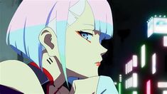 an anime character with white hair and blue eyes looks off into the distance in front of city lights