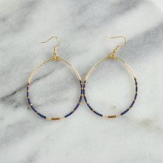 Navy Beaded Hoop Earrings, Big Hoops, Bohemian Earrings, Beaded Earrings, Large Hoop Earrings, Gift Blue Dangle Hoop Earrings With Tiny Beads, Everyday Blue Beaded Hoop Earrings, Blue Wire Wrapped Hoop Beaded Earrings, Hoop Earrings Big, Plastic Earrings, Earrings Big, Diy Wire Jewelry, Best Gifts For Her, Earrings Beaded