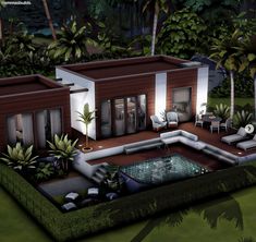 an artist's rendering of a house in the middle of a tropical garden at night