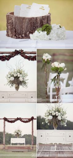 wedding flowers and greenery are arranged on the back of an outdoor ceremony chair at this rustic, country - chic venue