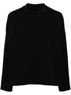 black cotton jersey texture crew neck long sleeves straight hem Oversized Modern Crew Neck Sweater, Black Crew Neck Sweatshirt For Layering, Modern Oversized Crew Neck Sweater, Black Cotton Turtleneck Sweater, Modern Long Sleeve Sweatshirt For Layering, Modern Long Sleeve Cotton Sweatshirt, Modern Black Sweatshirt With Ribbed Cuffs, Modern Black Sweatshirt With Relaxed Fit, Oversized Black Sweatshirt With Ribbed Neckline