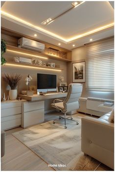 a home office with white furniture and lighting