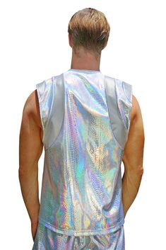 Being happy and holographic never goes out of style! We designed this mens white rave tank top for festival outfits and fun times. We promise the Pisces Tank in White Lightning will captivate you (and everyone else) with its outrageously holographic snakeskin pattern and reflective paneling. Complete the set with the matching shorts. FEATURES: Made with high quality 4 way stretch white and silver holographic snakeskin printed fabric Slightly dropped armhole Contrasting paneling in our reflective Rave Sleeveless Tank Top For Festival, Sleeveless Rave Tank Top For Festivals, Rave Sleeveless Tops For Club, Sleeveless Rave Tops For Festival, Sleeveless Rave Tops For Club, Metallic Summer Tops For Festival, Summer Festival Disco Style Tops, Disco Sleeveless Top For Festival, Sleeveless Disco Tops For Festivals