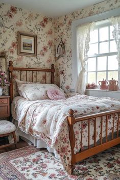 a bed sitting next to a window in a room with floral wall paper on the walls