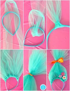 the instructions for how to make an easy mermaid hairpiece with tulle and bows