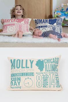 two photos of babies laying on the floor next to pillows with names and numbers printed on them