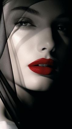 a woman with red lipstick and veil on her face