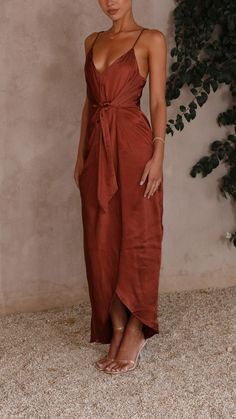 V Neckline Thin adjustable shoulder straps Invisible back zipper Wrap style detailing Waist tie detail High low hemline 2026 Wedding, Mia Dress, Suspenders For Women, French Dress, Dress Sleeve Styles, Rust Dress, Sling Dress, Sleeves Clothing, Satin Maxi