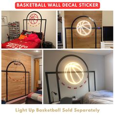 the basketball wall decal sticker is shown in four different pictures, including a bed and