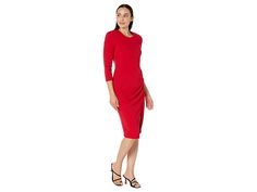 Calvin Klein Long Sleeve Ruched Midi Dress - Women's Dress : Red : The primary materials that compose this product contain a minimum of 20 percent recycled content. ; Calvin Klein Long Sleeve Ruched Midi Dress. Round neckline and three-quarter sleeves. Slit on the front. Ruched detailing on the side. Zippered front closure. Pull-on style. Intended to hit at the knee. 64% polyester, 31% recycled polyester, 5% spandex. Dry-clean. Imported. Measurements: Length: 42 in Sleeve Length: 22 in Product m Sleeveless Sweater Dress, Long Sleeve Cocktail Dress, Ruched Midi Dress, Nursing Dress, Crepe Dress, Faux Wrap Dress, Dress Red, Womens Midi Dresses, Nordstrom Dresses