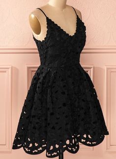 Sleeveless Black Mini Dress For Wedding, Black Sleeveless Mini Dress For Wedding, Elegant Lace Suspender Dress For Parties, Black Party Dress With Delicate Straps, Black V-neck Dress For Homecoming, Lace Party Dress With Straps, Party Lace Dress With Straps, Black Fitted Bodice Backless Dress, Fitted Bodice V-neck Dress With Straps