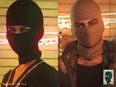 two different images of the same person wearing a hood and face mask, one with green eyes