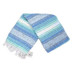 a blue and green striped scarf on a white background