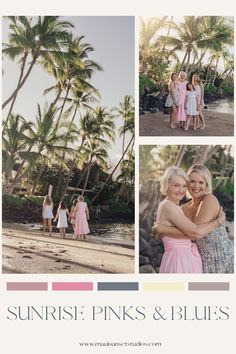 three girls in pink dresses standing on the beach with their arms around each other and palm trees behind them