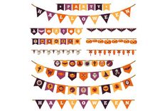 an assortment of halloween buntings and decorations on a white background with the words happy halloween