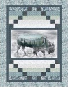 an animal is walking through the water in this black and white quilted photo,