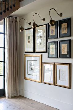 several framed pictures hang on the wall next to a window in a room with wooden floors