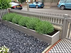 a couple of cars parked next to each other near a fenced in area with gravel and plants