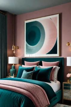 a bedroom with purple walls and teal bedding in the center, along with a painting on the wall