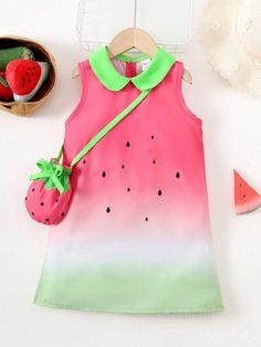 Multicolor Cute Collar Sleeveless Woven Fabric Fruit&Vegetable Tank Embellished Non-Stretch  Young Girls Clothing Watermelon Clothes, Fruit Dress, Strawberry Costume, Dress Bag, Watermelon Print, Doll Collar, Warm Blankets, Bag Dress