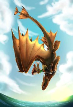 a dragon flying through the air with two people on it