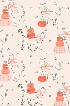 cats and pumpkins on a light pink background with stars in the sky behind them