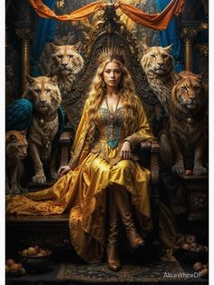 a woman sitting on top of a throne surrounded by lions