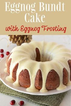 an eggnog bundt cake on a plate with frosting