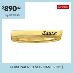 A flat top creates an ideal showcase for yours or someone special's name engraved in script font. Star cutouts on the side make this ring a standout accessory. Made in America.Metal: Sterling Silver, 10K White or Yellow Gold or 14K White or Yellow GoldGallery Height: 2.5mmPersonalize: Up to 10 lettersCare: Wipe CleanCountry of Origin: Made in USJewelry photos are enlarged to show detail.Ring Style: Cocktail RingsFeatures: Monogrammable, Personalized, Quick ShipMetal Color: YellowBand Width: Car… Name Ring, Name Rings, Ring Style, Flats Top, Script Font, Made In America, Cocktail Rings, Rhodium Plated, Yellow Gold