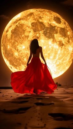 a woman in a red dress is standing in front of the moon with her back to the camera