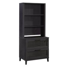 a black bookcase with two drawers and one drawer on the bottom, against a white background