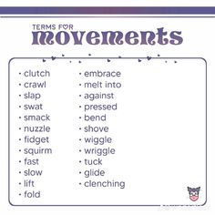 the words for movements are shown in purple and blue, along with an image of a cat