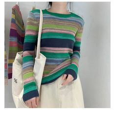 Loose Stretchy Striped Colors Sweater – Nada Outfit Land Autumn Knitwear, Rainbow Sweater, Petal Sleeve, Party Dress Long Sleeve, Striped Jacket, Puff Sleeve Dresses, Sweater Women, Party Dress Long, Striped Sweater