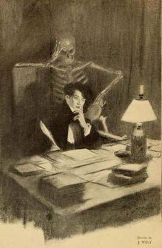 a drawing of a person sitting at a table with a lamp and book in front of them