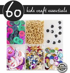 a collage of buttons and other crafting supplies with text overlay that reads 60 kids craft essentials