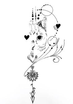 a black and white drawing of a cat with hearts on it's back side